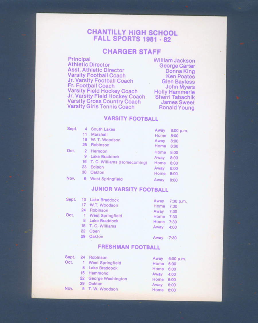Chantilly High School CLass 1982 Sports Schedule 1