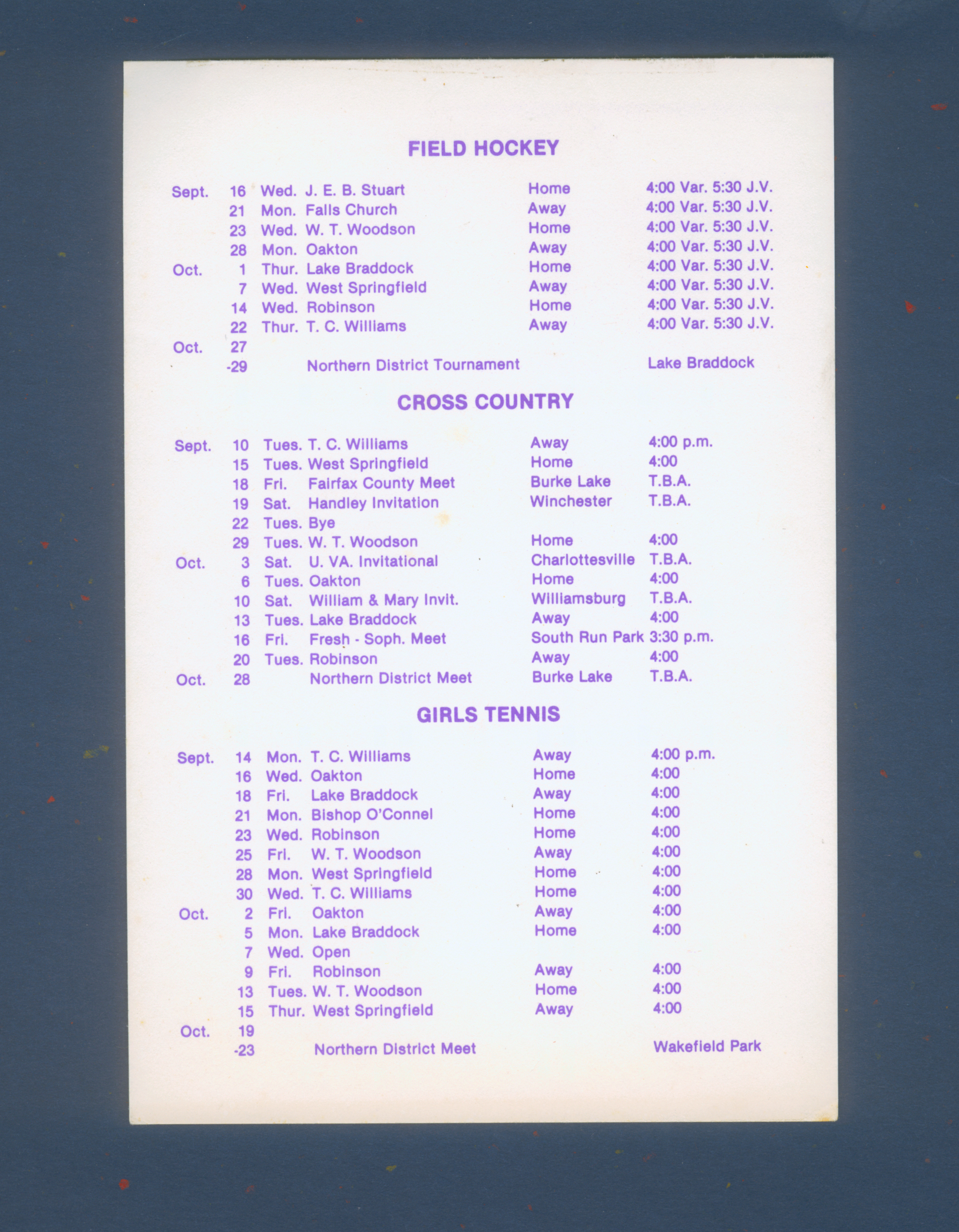 Chantilly High School CLass 1982 Sports Schedule 2